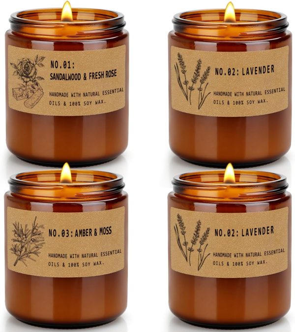 Candles for Home Scented, 4 Pack 28 Oz Candles Gifts for Women, Large Soy Scented Candles, Lavender Fresh Rose Long Lasting Aromatherapy Amber Candle Set for Women Men Christmas Birthday Thanksgiving