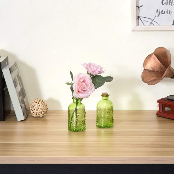 Vintage Embossed Green Glass Small Reed Diffuser Bottle with Cork Lid, Decorative Flower Bud Vase, Set of 2