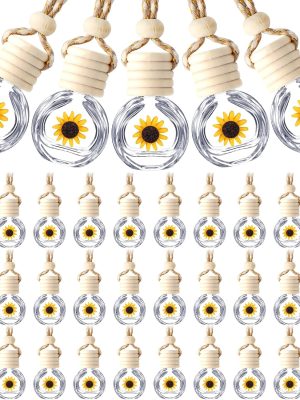 50 Pcs Hanging Car Air Freshener Car Diffuser Bottles Empty Glass Perfume Bottle Freshener Diffuser Bottle Pendant for Essential Oil Fragrance Aromatherapy Bottle Ornament(Clear,Sunflower)